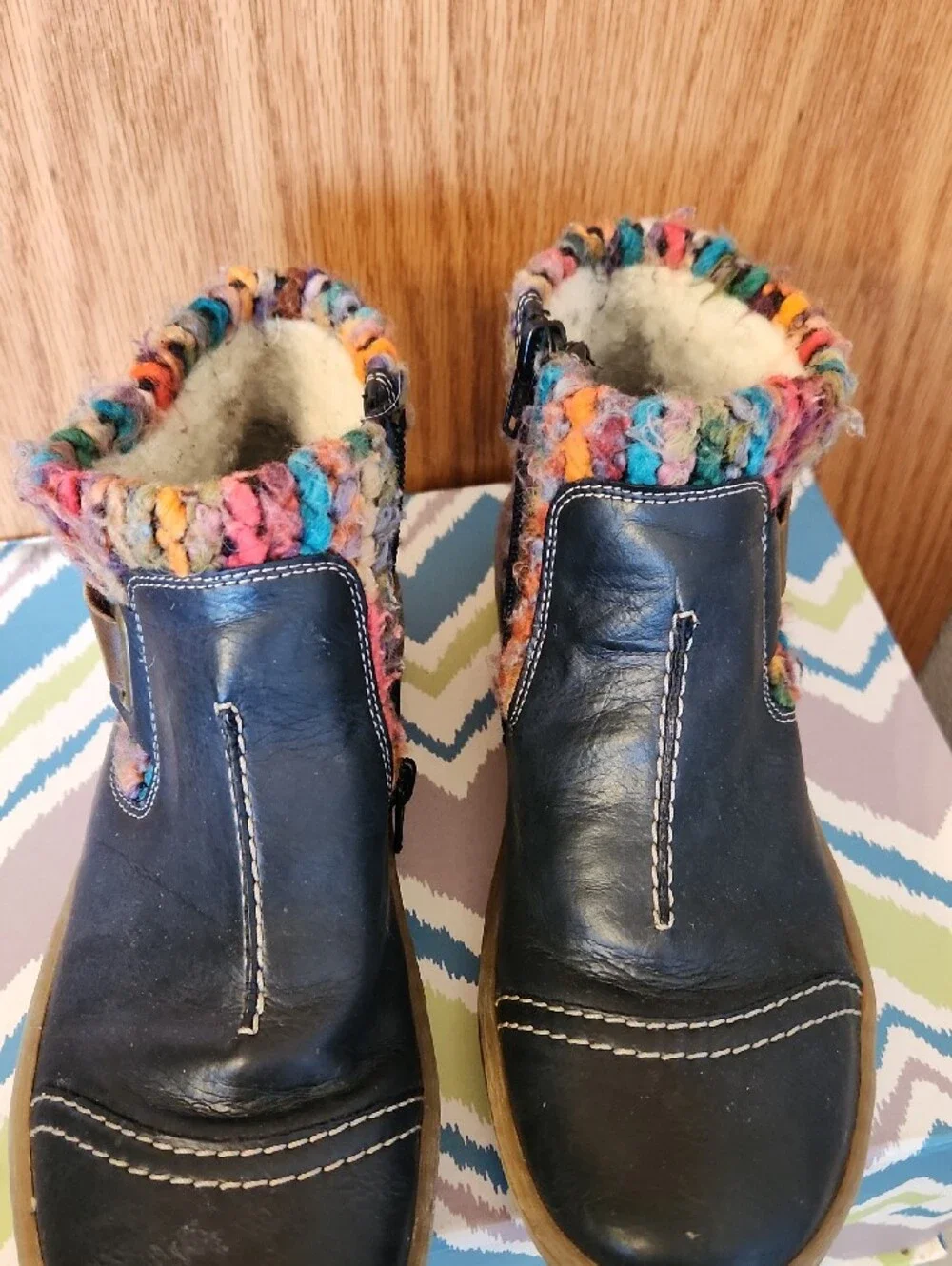 Rieker Navy Leather Ankle Boots with Multicolor Knit Cuff